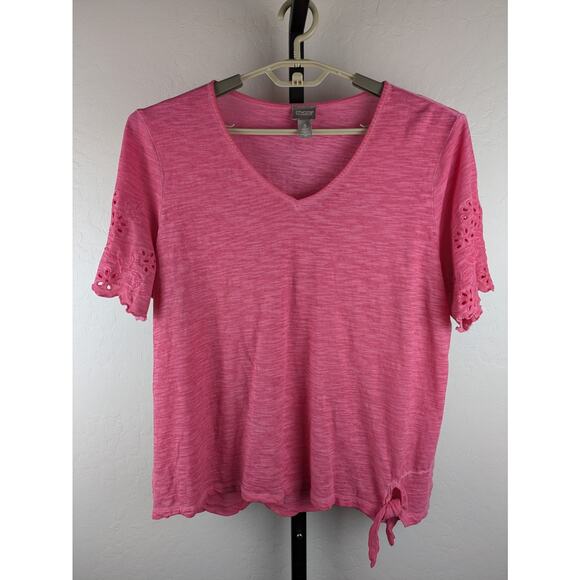 Chico's Hot Pink Eyelet Short Sleeve t-shirt tie waist detail - Picture 1 of 7